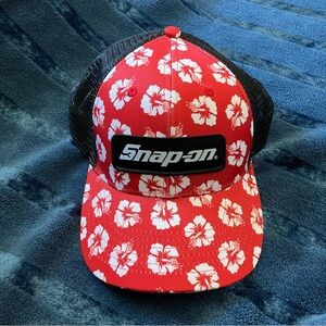 Snap-On Hawaiian Hat Snapback Red/White Floral Pattern Print Trucker Cap Mesh